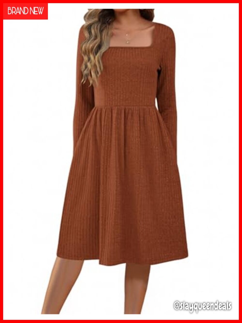 Women's Knit Sweater Dress Long Sleeve Square Neck A-Line Knee Length